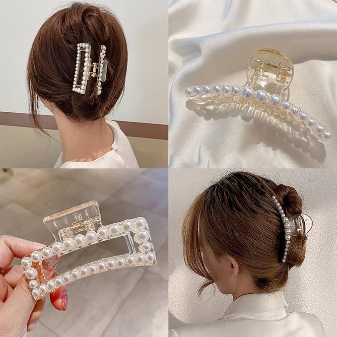 Mehayi 4 PCS Large Pearl Hair Claw Clips for Women Girls, Hair Barrette Clamps for Thick Thin Hair, Fashion Hair Accessories Headwear Styling Tools for Party Wedding