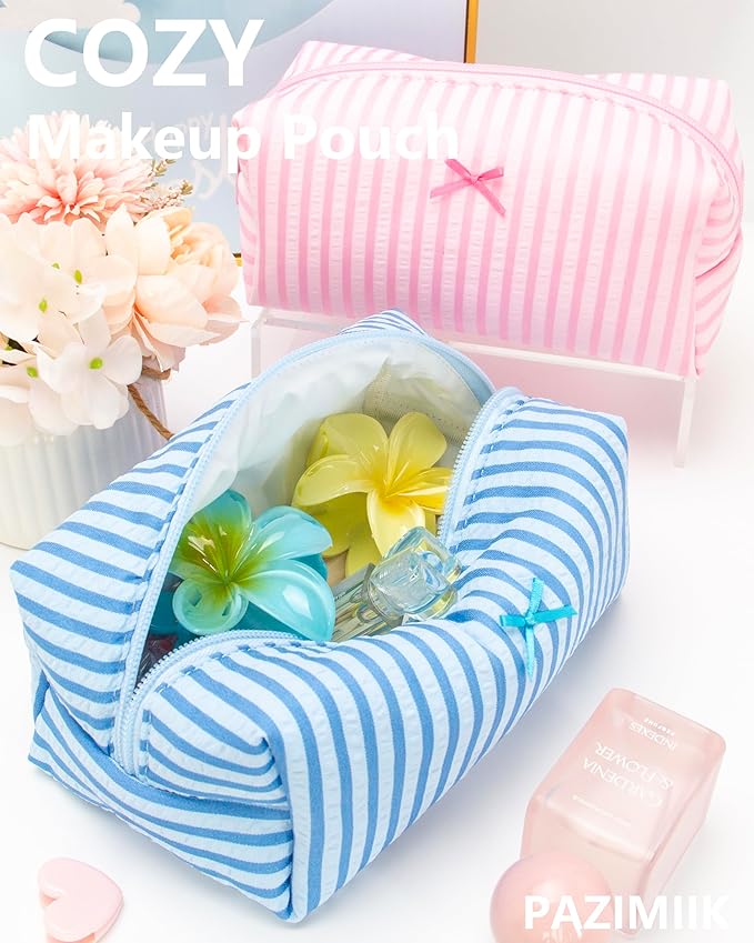 PAZIMIIK 6PCS Cozy Makeup Bag Small Aesthetic Travel Zipper Cosmetic Pouch for Women Make Up Beauty Accessories Brushes, Stripe Lake Blue