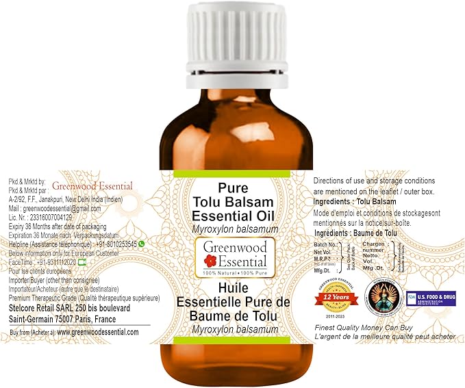 Greenwood Essential Tolu Balsam Essential Oil (Myroxylon balsamum) Pure | Viscous Texture | Rich Aroma | Unisex | All Skin Types |Natural Extract Steam Distilled 10ml (0.33 oz)