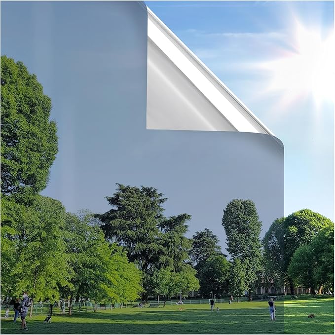 rabbitgoo Window Privacy Film One Way Window Tint for Home, Removable Reflective Heat Sun Blocking Anti UV Glass Door Covering, Mirror Tinting Film House Office, 17.5 in X 13.1 Feet, Silver