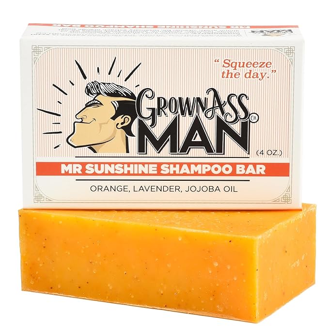 Grown Ass Man Co. - Solid Shampoo Bar Rich Lather 3 in 1: Hair, Beard & Body Wash - Plastic Free & Eco-Friendly, Natural & Organic Clean for All Hair Types, 4oz Bar (Mister Sunshine, Single)