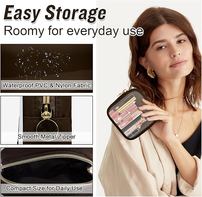 Nylon Mini Clear Makeup Organizer Bag for Purse, Small Cute Black Makeup Bag Preppy Cosmetic Zipper Pouch Purse, Waterproof Travel Coin Pouch Sanitary Napkin Storage Bag Clutch for Women Girls(Brown)