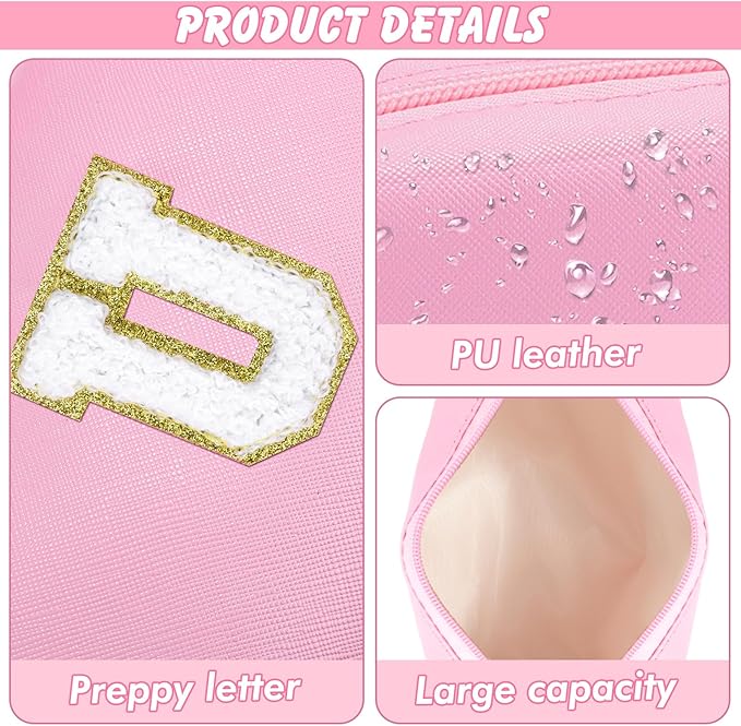 Initial Makeup Bag Personalized Preppy Travel Small Cosmetic Bag Cute PU Pink Chenille Letter Makeup Pouch for Purse Waterproof Zippered Toiletry Organizer for Women Girls Kids Friends(U)