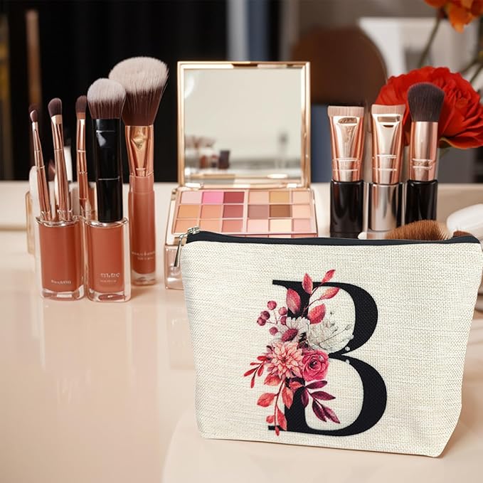 Initial A-Z Personalized Floral Makeup Bag, Monogrammed Birthday Gifts for Women Mom, Mothers Day Christmas Gift Ideas for Best Friend, Bride Bridesmaid, Her, Grandma, Small Travel Cosmetic Bag (B)