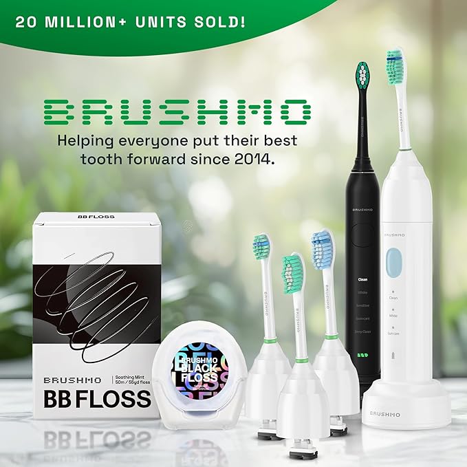 Brushmo e-Series Electric Sonic Toothbrush - Rechargeable Screw-On Electronic Tooth Brush for Adults with 3 Modes & Timer - IPX7 Waterproof, Long-Lasting Battery & Wireless Charging Base - White