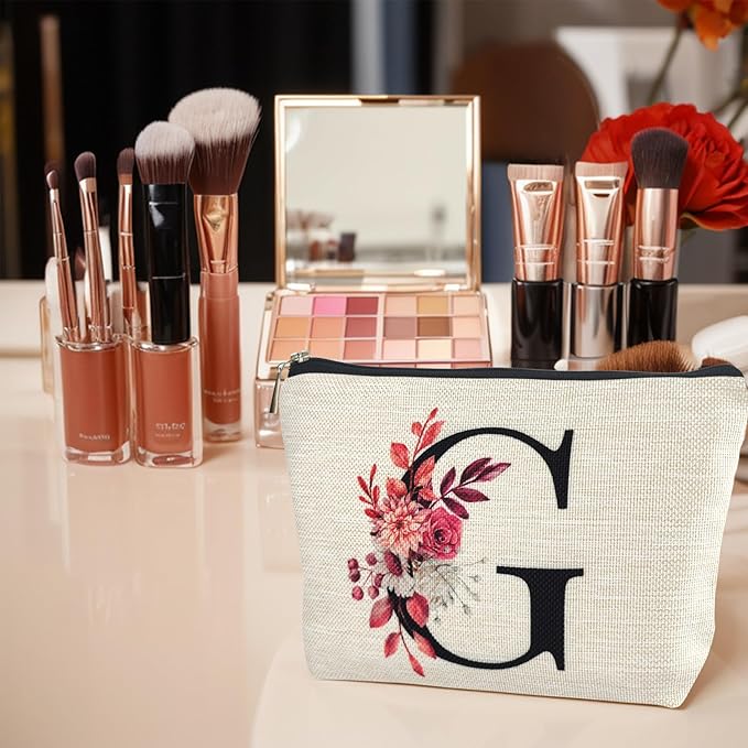 Initial A-Z Personalized Floral Makeup Bag, Monogrammed Birthday Gifts for Women Mom, Mothers Day Christmas Gift Ideas for Best Friend, Bride Bridesmaid, Her, Grandma, Small Travel Cosmetic Bag (G)