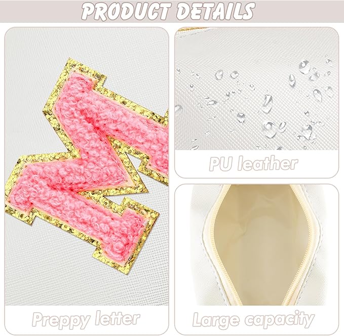 Initial Makeup Bag Personalized Preppy Travel Small Cosmetic Bag Cute PU White Chenille Letter Makeup Pouch for Purse Waterproof Zippered Toiletry Organizer for Women Girl Kid Friends (M)
