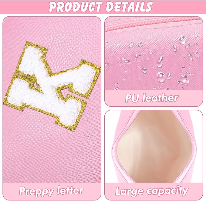 Initial Preppy Makeup Bag Travel Small Cosmetic Bag Cute Pink Personalized Preppy Makeup Pouch Zippered PU Toiletry Bag Christmas Birthday Gifts for Women Mom Teacher Friends(K)
