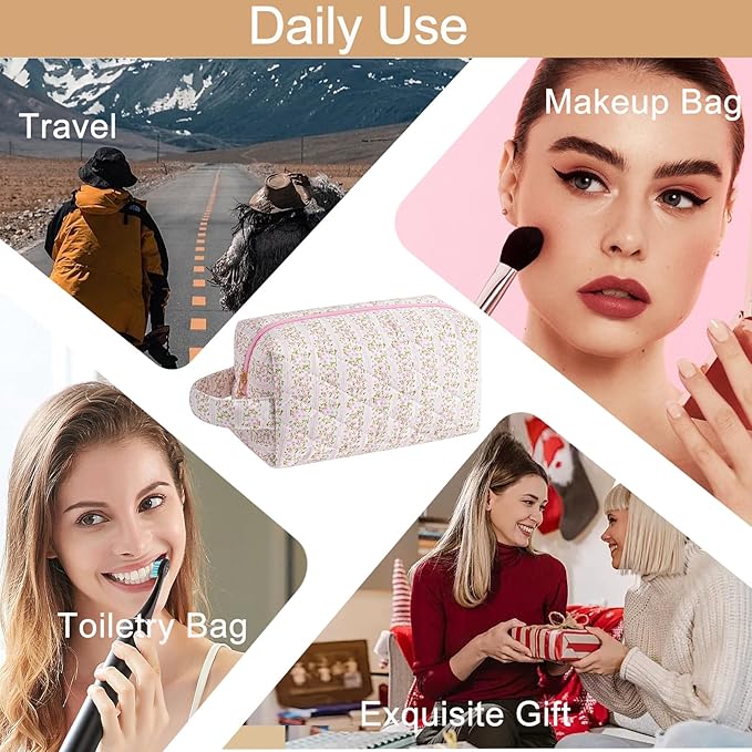 Makeup Bag Travel Cosmetic Bag for Women, Zipper Make Up Pouch, Floral Flowers Toiletry Organizer Makeup with Handle, Cosmetic Travel Cloth Bag (Pink Floral)