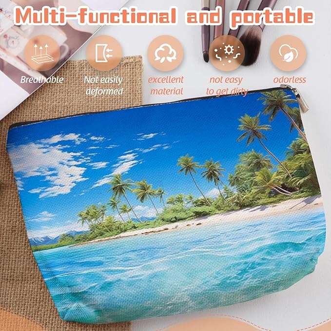 Makeup Bag Travel Cosmetic Bags Small Makeup Case Waterproof Zipper Pouch for Women Girls 7X9inches - Tropical Paradise with Palm - Lined Beach