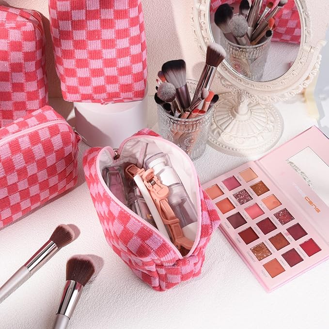 SOIDRAM Checkered Makeup Bag Preppy Cosmetic Bag Bulk Pink Makeup Pouch Personalize Travel Toiletry Bag Organizer Cute DIY Makeup Brushes Storage Bag for Women