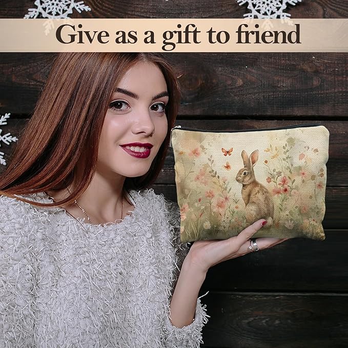 Floral Bunny Makeup Bag, Bunny Gifts for Women, Vintage Wildflower Rabbit Cosmetic Bags for Women, Rabbit Lover Gifts, Cute Animal Zipper Makeup Pouch