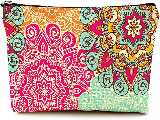 Cute Makeup Bag for Purse Canvas Waterproof Funny Cosmetic Bags for Women Zipper Travel Toiletry Pouch-Boho Flower Makeup Bags