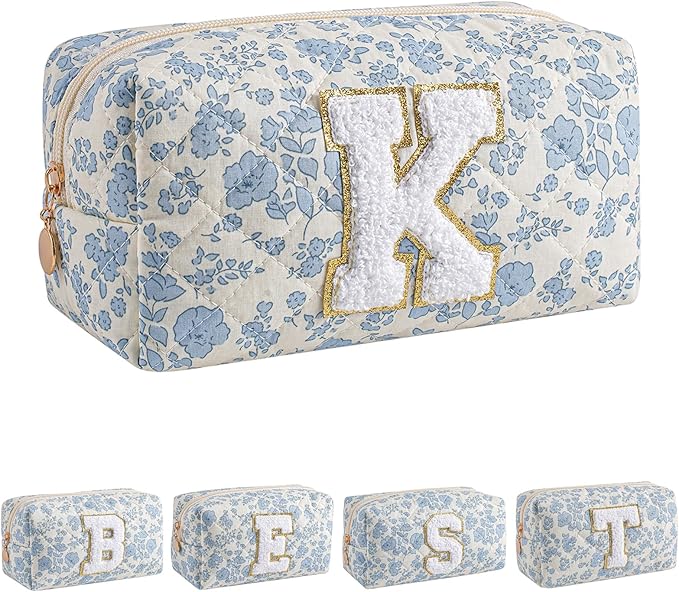 JOVAKIT Alphabet Makeup Bag Cosmetic Bag for Women, Christmas Gifts for Girls Age 6-18, Floral Flowers Coquette Travel Toiletry Zipper Make Up Pouch Organizer Trendy Stuff (Blue Floral K)