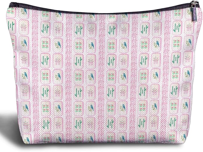 Pink Chinoiserie Mahjong Makeup Bag, Mahjong Gifts for Women Cosmetic Bags, Gifts for Mah Jong Players Lovers Makeup Zipper Pouch