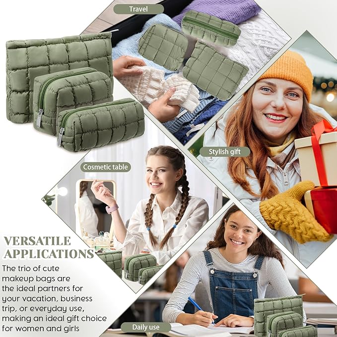 3 Pcs Puffy Makeup Bag Quilted Cosmetic Pouch for Women Cute Checkered Travel Toiletry Bag Puffer Makeup Organizer Purse Pouch Preppy Pencil Case with Zipper(Green)