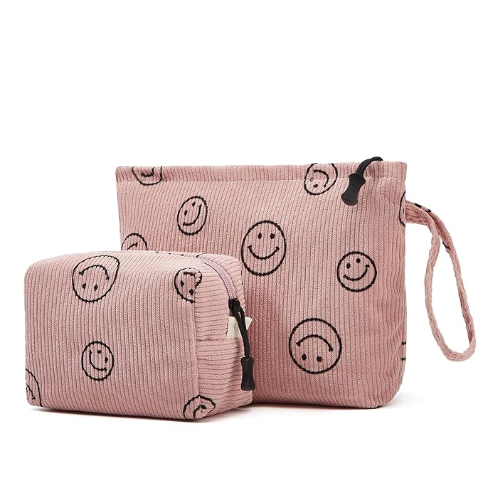 Makeup bag set small Cosmetic bag for women purse Corduroy Organizer with interior Pockets,cute Pencil zipper Pouch travel Toiletry Bag with handle(Smile face Pink)