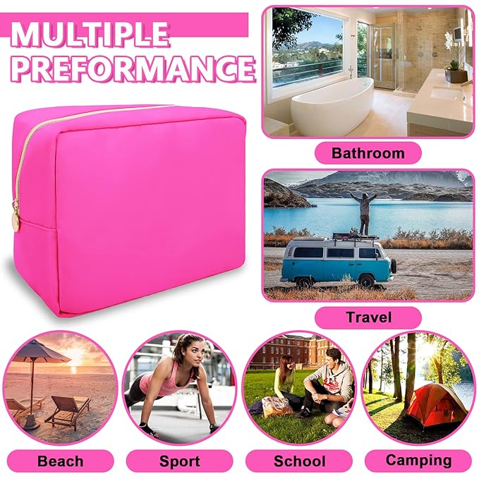 Large Makeup Bag Pouch,Nylon Women Travel Toiletry Storage Bag Preppy Cosmetic Bag for Girls,Big Makeup Organizer Bag Cute Zipper Pouch Skincare Bag for Sport Work Gift(Large-Bubblegum)