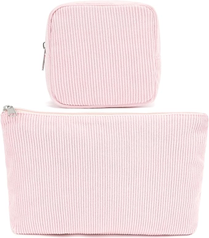 Corduroy Makeup Bag, Travel Cosmetic Bag Organizer Toiletry Bag Make Up Bags with Zipper & Compartments for Women Girls, 2PCS