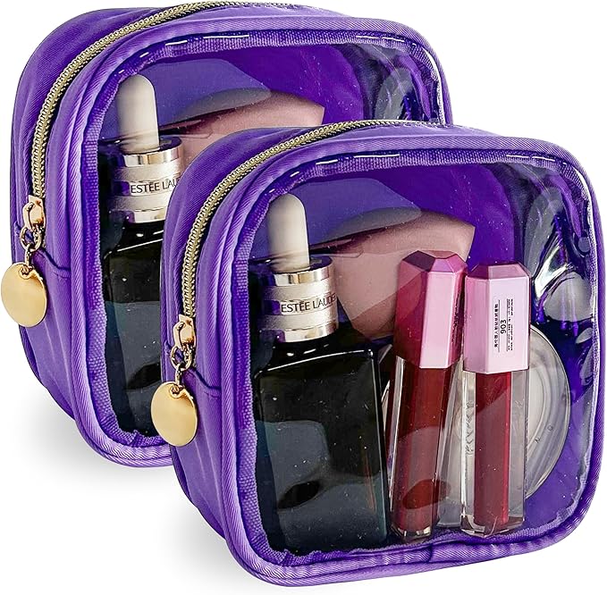 2PCS Solid Cosmetic Bag and Travel Pouch-Durable PVC Material,Versatile,Zipper Design for Smooth Sliding-Ideal for Makeup,Travel Essentials (2PCS-Purple)