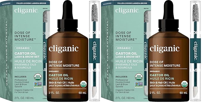 Cliganic Organic Castor Oil, 100% Pure (2oz Glass Bottle with Eyelash Kit) - For Eyelashes, Eyebrows, Hair & Skin (Packaging May Vary) (Pack of 2)
