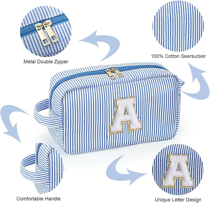 YOOLIFE Blue Cosmetic Travel Makeup Bag - Monogram Cute Initial Makeup Bags Cosmetic Toiletry Pouch Make Up Case for Women Her Best Friend Friendship Teacher, Personalized Birthday Gifts for Women V