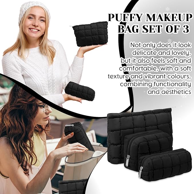 3 Pcs Puffy Makeup Bag Quilted Cosmetic Pouch for Women Cute Checkered Travel Toiletry Bag Puffer Makeup Organizer Purse Pouch Preppy Pencil Case with Zipper