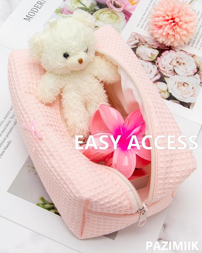 PAZIMIIK 2PCS Cozy Makeup Bag Travel Cosmetic Bag for Women Soft Toiletry Bag Aesthetic Makeup Organizer Portable Large Zipper Pouch for Skincare Beauty Accessories Brushes Waffle Check Light Pink
