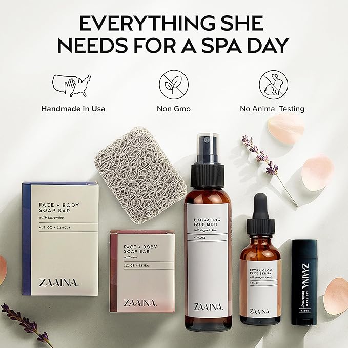 ZAAINA Spa Gift Basket for Women - Natural Self Care Kit, Handmade Soaps, Face Mist, Serum - Deluxe Set