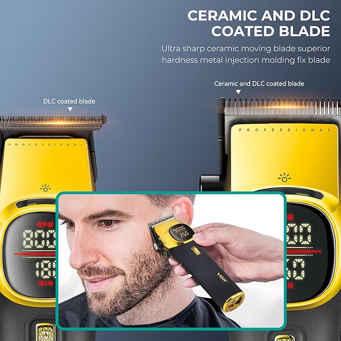 VGR 885 S2 Cordless Barber Clippers and Trimmers Kit, Professional Hair Clippers for Men, Haircut Kit with DLC-Coated Ceramic Blades, 21-Speed Roller, 2 Magnetic Charging Bases, LED Display, Gold