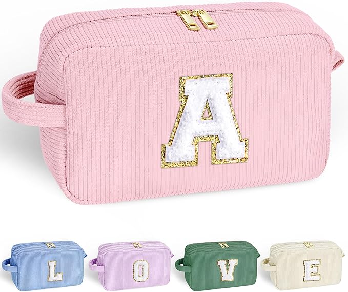 YOOLIFE Makeup Bag for Girls Women - Mothers Day Gifts, Personalized Initial Pink Cosmetic Bag Makeup Pouch Organizer, Personalized Birthday Gifts for Women Teen Girl Kids Daughter Letter A