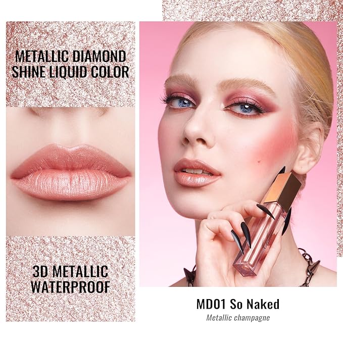 Oulac Metallic Shine Liquid Lipstick Set for Women, Dual Use for Lips & Eyeshadow, Long Lasting Lip Gloss, Metallic Matte High Impact Lip Color No Transfer Vegan Formula, 4.5ml, MD01+02+08