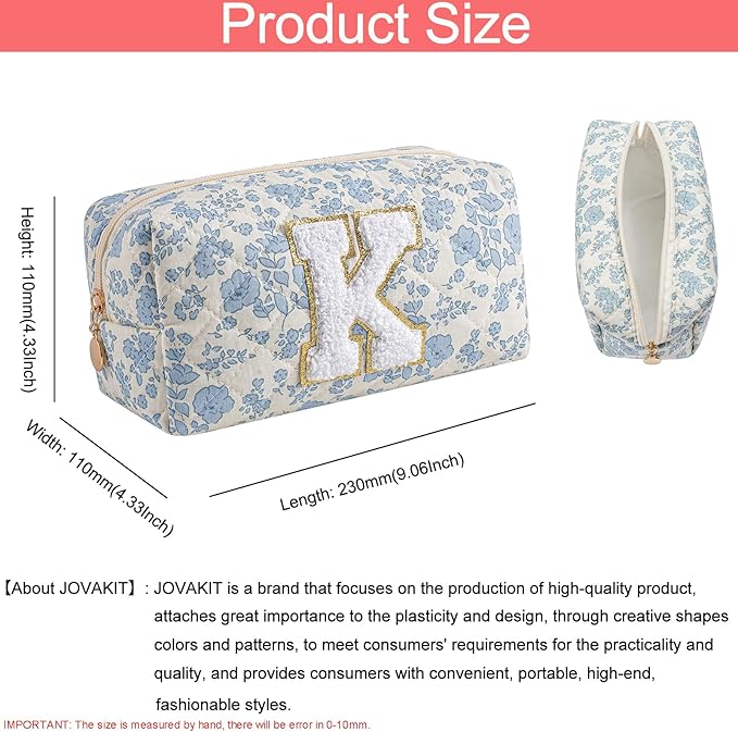 JOVAKIT Alphabet Makeup Bag Cosmetic Bag for Women, Christmas Gifts for Girls Age 6-18, Floral Flowers Coquette Travel Toiletry Zipper Make Up Pouch Organizer Trendy Stuff (2Pcs Blue Floral K)