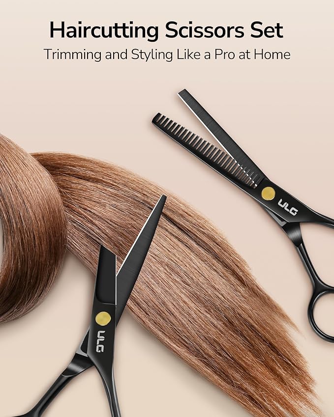 ULG Professional Hair Cutting Scissors Set – 6.5” Japanese Stainless Steel Barber Shears & Thinning Scissors with Comb, Clips & Case – at-Home Salon Haircut Kit for Men, Women, Kids, Black