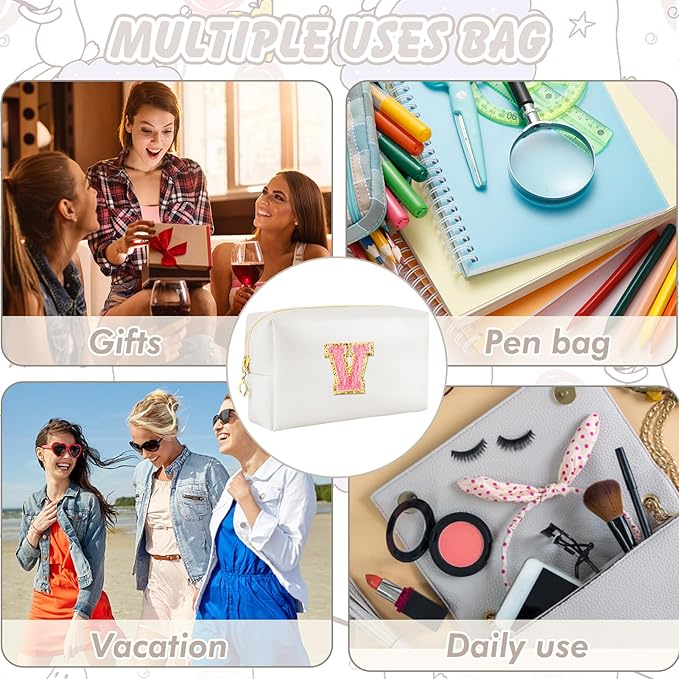 Initial Makeup Bag Personalized Preppy Travel Small Cosmetic Bag Cute PU White Chenille Letter Makeup Pouch for Purse Waterproof Zippered Toiletry Organizer for Women Girls Kids Friends (V)