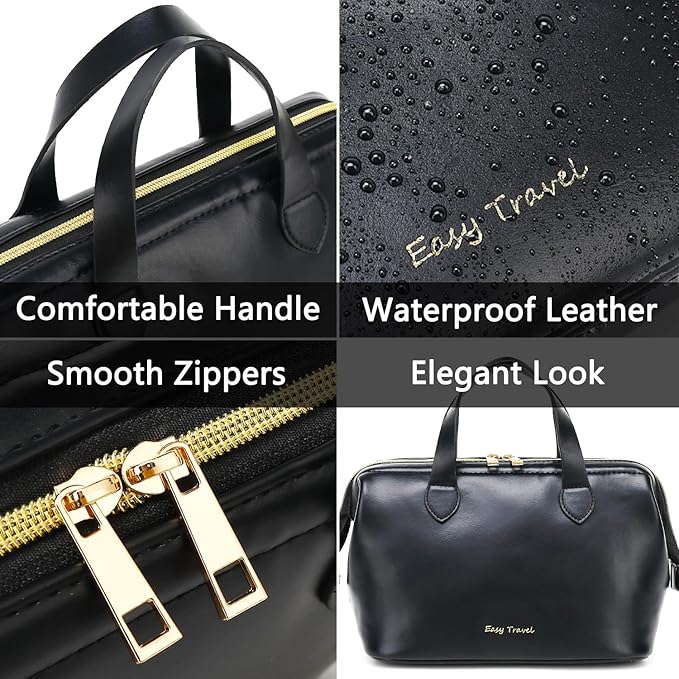Travel Makeup Bag, Large Wide-open Cosmetic Bag Make Up Organizer Case for Women, Waterproof PU Leather Toiletry Bag Skincare Pouch for Toiletries Accessories Brushes