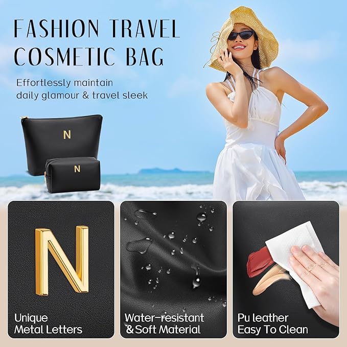 Women Gifts | Initial Makeup Bag Set for Girl Personalized Gifts for Bridesmaid Friend Graduation Teachers PU Leather Cosmetic Travel Toiletry Bag(Black,N)