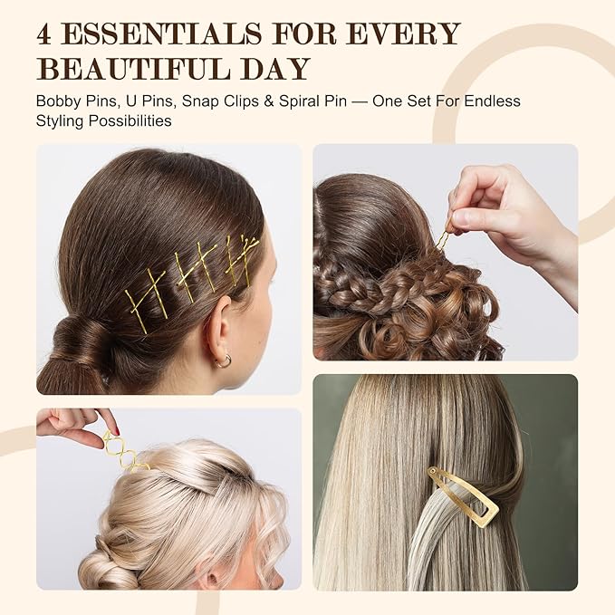 Bobby Pins Set Gold – Hair Accessories Kit for Women & Girls with Bobby Pins, U Shape & Spiral Pin, Perfect for Weddings, Styling, Updos & Buns