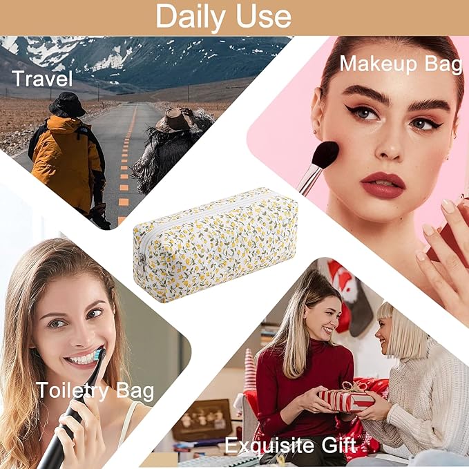 Cute Floral Cotton Makeup Brush Cosmetic Bag for Women, Travel Quilted Zipper Make Up Bag, Flowers Toiletry Organizer Case Kawaii Makeup Cosmetic Travel Cloth Pouch (Yellow Floral)