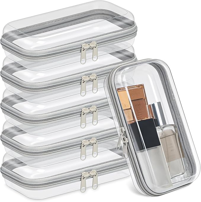 Sanwuta 6 Pcs Clear Hard Zipper Case Hard Plastic Zipper Pouches Makeup Bag Pencil Pouches Transparent Cases for Snacks Plastic Storage Organizer Box for Travel(Gray,7.48 x 3.94 x 2 Inch)