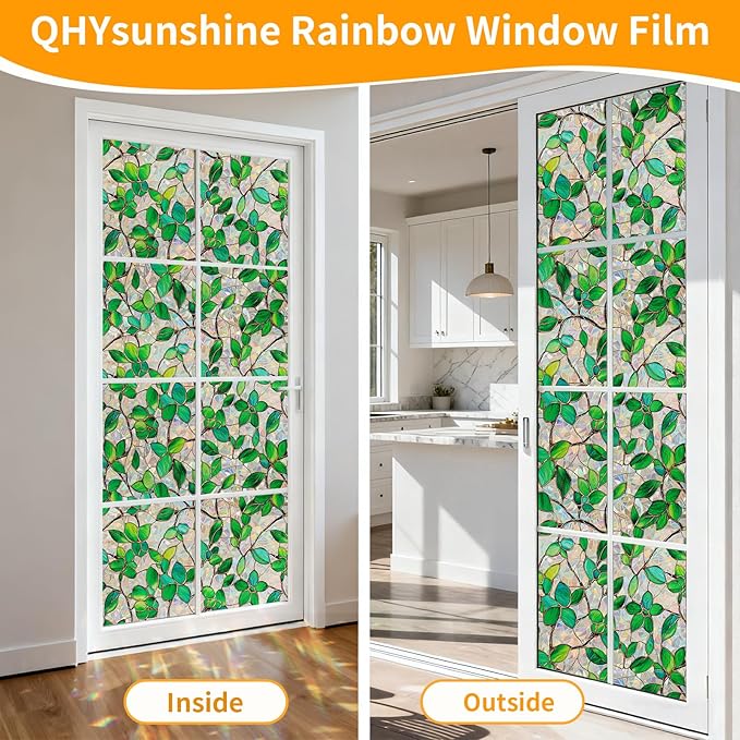 Window Privacy Film Stained Glass Window Film Rainbow Window Film Window clings Non-Adhesive Reusable Decorative for Room(Green Rainbow, 45.2 X 78.7 in)