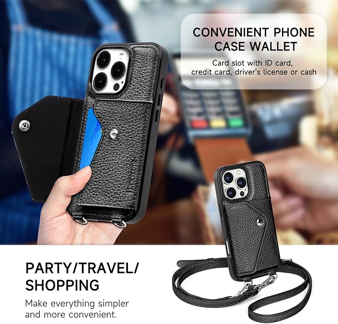 LUCKYCOIN Crossbody Wallet Phone Case for iPhone 16 Pro,100% Genuine Leather Wallet Phone Case with Expandable Flip Card Holder,Phone Purse for Women with Adjustable Removable Strap - Pebble Black