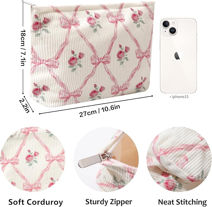 Cosmetic Bags for Women - Corduroy Cosmetic Bag Aesthetic Women Handbags Purses Smile Dots Makeup Organizer Storage Makeup Bag Girls Case Bags (Flowers-Pink)