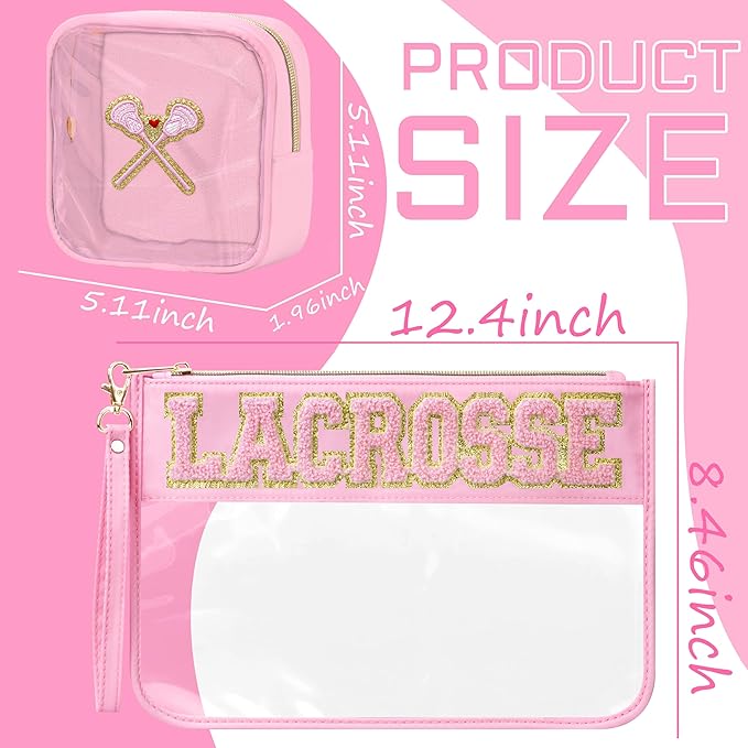 2 Pcs Lacrosse Gifts Makeup Bag with Chenille Letter Patch, Clear Cosmetic Pouch PVC Organizer Purse, Waterproof Travel Bag, Portable Toiletry Storage Bag for Her Girls Friends Women