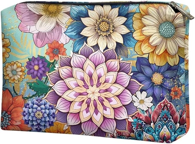 COEQINE Gothic Makeup Bags for Women Floral Wallet Leather Cosmetic Case With Zipper Soft Waterproof Lip Makeup Organizer Handbag