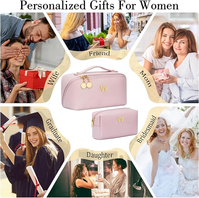 Birthday Gifts for Women Teen Girl, Personalized Initial Makeup Organizer Bag Set, Open Flat Travel Cosmetic Bag With Clear Divider and Handle(Pink,W)