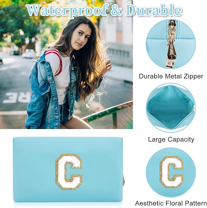 Personalized Initial Letter Patch Makeup Bag, Preppy Portable Chenille Letter Cosmetic Bag with Zipper, PU Leather Waterproof Travel Toiletry Bag Monogram Make Up Pouch for Women Girls