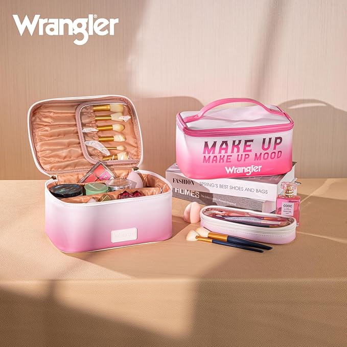 Montana West X Wrangler Travel Makeup Bag 2pcs Set Large Cosmetic Bag with Makeup Brush Holder Portable Make Up Organizer Cute Toiletry Bag with Divider and Handle for Women Gradient