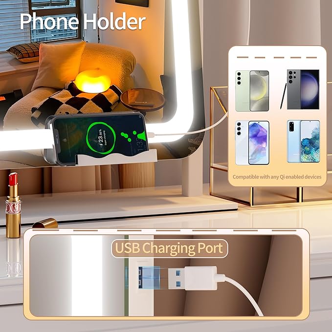 Hasipu Vanity Mirror with Lights, 35.4" x 23.6" LED Makeup Mirror, Light up Mirror with 10X Magnification and Phone Holder, USB Charging Port, Smart Touch 3 Colors Dimmable (White)