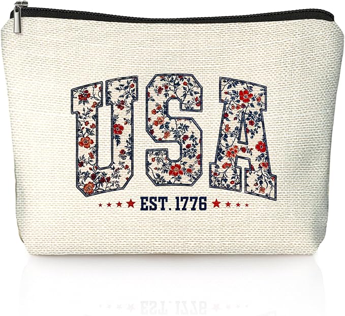 Retro Floral USA 4th of July Makeup Bag, America Patriotic Cosmetic Bags for Women, Red White and Blue USA Toiletry Bag for Women, cosmetic bag, makeup case